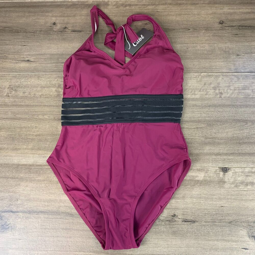 Cillet Womens V Neck Swimsuits Mesh Halter One Piece Bathing Suits Burgundy Larg